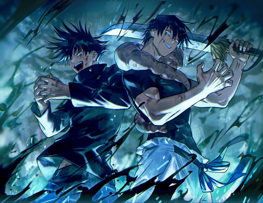 2boys :d absurdres bangs belt bikkusama black_belt black_hair black_jacket black_pants black_shirt blood blood_on_face blue_background blue_eyes commentary_request cowboy_shot dirty dirty_face father_and_son fushiguro_megumi fushiguro_touji gakuran hair_between_eyes hands_clasped hands_up high_collar highres holding holding_sword holding_weapon injury jacket jujutsu_kaisen long_sleeves looking_at_viewer male_focus monster multiple_boys open_mouth over_shoulder own_hands_together pants scar scar_on_face school_uniform shirt short_hair short_sleeves smile spiky_hair standing sword teeth toned toned_male weapon weapon_over_shoulder white_pants