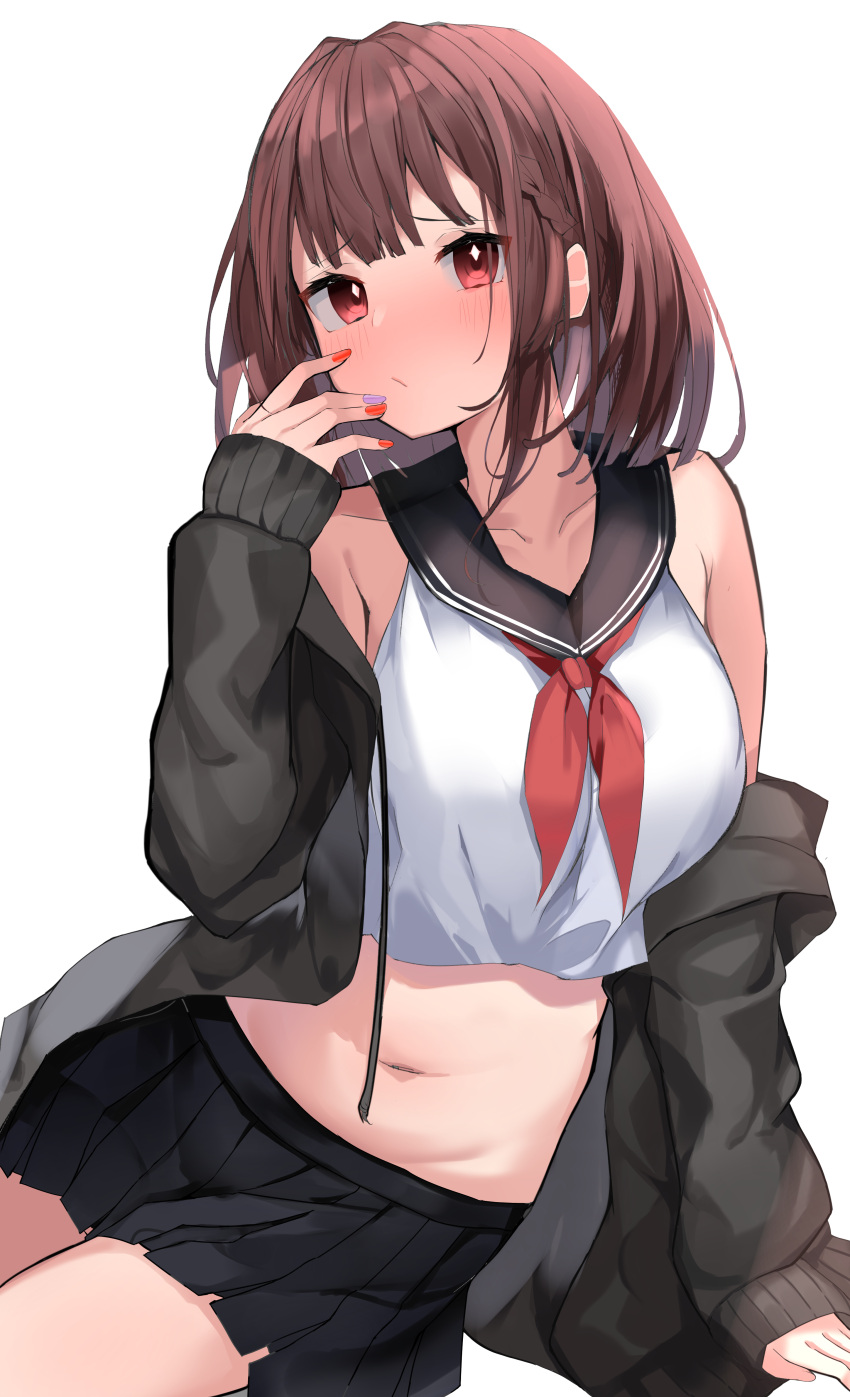 1girl :/ absurdres arm_support bangs bare_shoulders black_jacket black_sailor_collar black_skirt blush braid breasts brown_hair closed_mouth collarbone crop_top eyebrows_visible_through_hair highres jacket leaning_to_the_side long_hair long_sleeves looking_at_viewer medium_breasts midriff miniskirt multicolored multicolored_nails nail_polish navel neckerchief nephthys2356 off_shoulder open_clothes open_jacket original pleated_skirt red_eyes red_nails red_neckwear sailor_collar school_uniform serafuku shirt sitting skirt sleeveless sleeveless_shirt sleeves_past_wrists solo stomach white_shirt