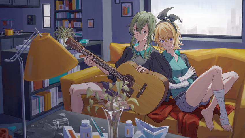 2girls acoustic_guitar aqua_shirt bag bandaged_arm bandaged_leg bandages black_bow black_jacket blonde_hair blue_eyes book bookshelf bow broken_cup broken_glass couch glass green_hair guitar gumi hair_bow hairband highres holding holding_instrument indoors instrument jacket kagamine_rin knees_up knife lamp looking_at_another looking_at_viewer medicine_bottle multiple_girls plant plastic_bag potted_plant shirt short_hair sidelocks sitting spider_plant vase vocaloid window wounds404