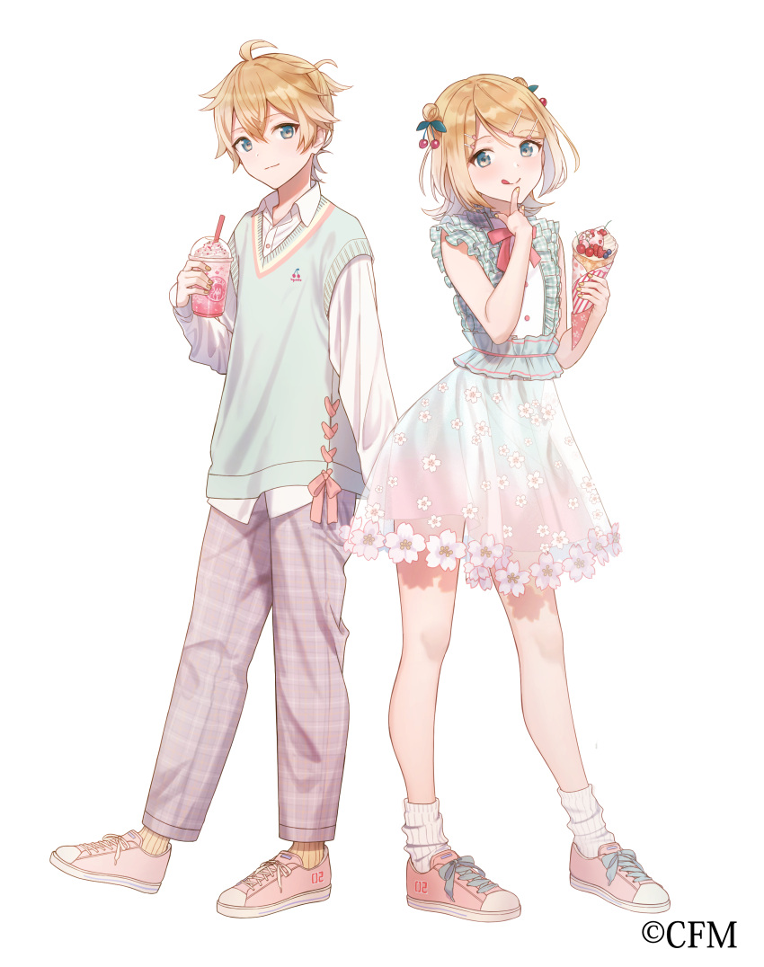 1boy 1girl :p absurdres alternate_costume aqua_sweater arm_at_side blonde_hair blue_eyes blueberry center_frills cherry cherry_blossom_print cherry_blossoms cherry_hair_ornament closed_mouth clothes_writing collared_shirt commentary_request cream crepe cross-laced_clothes crypton_future_media dot_nose double_bun dress dress_shirt drink drinking_straw eyebrows_visible_through_hair finger_to_mouth fingernails flat_chest floral_print flower food food_themed_hair_ornament frilled_dress frills fruit full_body gradient gradient_dress grey_pants hair_flower hair_ornament hairclip hand_up head_tilt highres holding holding_food ice_cream jam_(zamuchi) kagamine_len kagamine_rin leaf_hair_ornament light_smile long_sleeves looking_at_viewer loose_socks neck_ribbon official_art pants pink_flower pink_footwear pink_neckwear pink_ribbon plaid plaid_dress plaid_pants ribbon see-through see-through_dress shiny shiny_hair shirt shoes short_dress short_hair side-by-side simple_background sleeveless sleeveless_dress smile sneakers socks sprinkles standing strawberry sweater tareme tongue tongue_out vocaloid whipped_cream white_background white_legwear white_shirt yellow_legwear yellow_nails