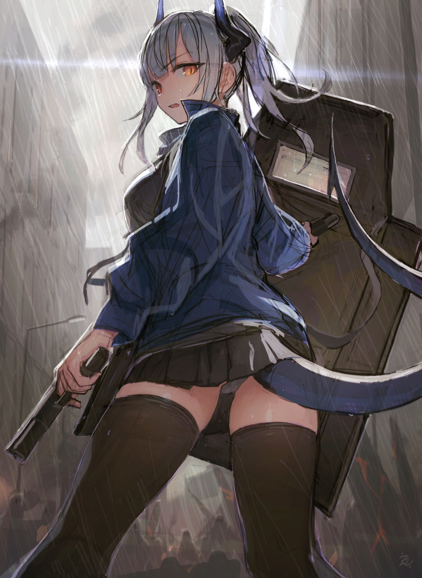 1girl absurdres arknights bangs black_legwear black_shirt black_skirt blue_jacket brown_eyes commentary_request dragon_girl dragon_horns dragon_tail glock grey_hair gun handgun highres holding holding_gun holding_weapon horns jacket liskarm_(arknights) long_sleeves looking_at_viewer looking_back medium_hair open_clothes open_jacket open_mouth panties pantyshot pleated_skirt ponytail rain riot_shield shirt skirt solo tail tentsuu_(tentwo) thigh-highs underwear weapon white_panties