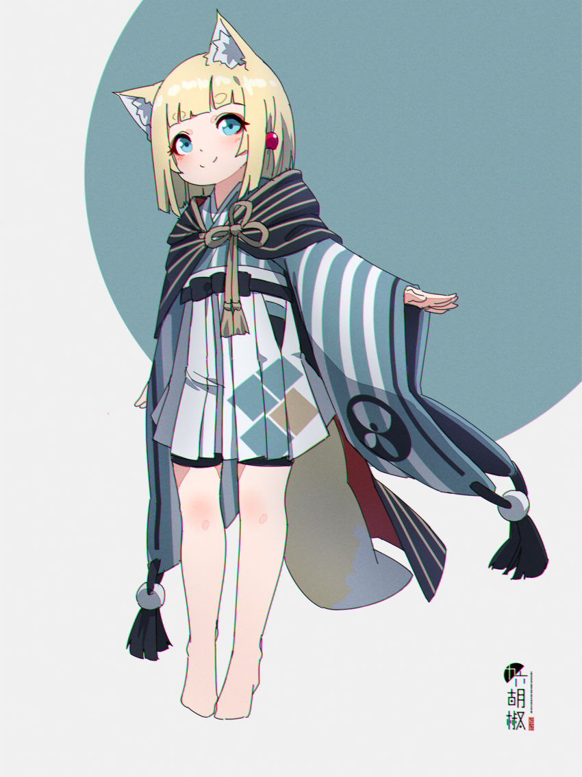 1girl animal_ear_fluff animal_ears bangs barefoot bike_shorts black_shorts blonde_hair blue_background blue_eyes blue_kimono blunt_bangs blush closed_mouth commentary_request eyebrows_visible_through_hair fox_ears fox_girl fox_tail full_body grey_background hakama hakama_skirt highres japanese_clothes kimono kuro_kosyou long_sleeves looking_at_viewer original short_eyebrows shorts sleeves_past_wrists smile solo standing tail thick_eyebrows two-tone_background white_hakama wide_sleeves