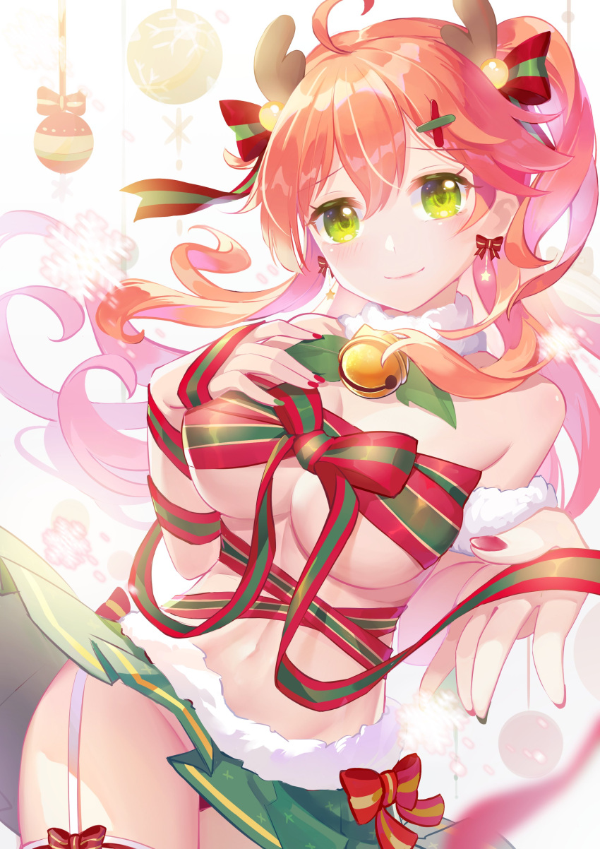 1girl absurdres ahoge alternate_costume antlers bare_shoulders breasts christmas_ornaments dyx217 earrings green_eyes green_nails groin hair_ornament hairclip highres hololive jewelry looking_at_viewer multicolored multicolored_nails nail_polish naked_ribbon navel pink_hair pink_nails reindeer_antlers ribbon sakura_miko snowflakes star_(symbol) under_boob virtual_youtuber x_hair_ornament