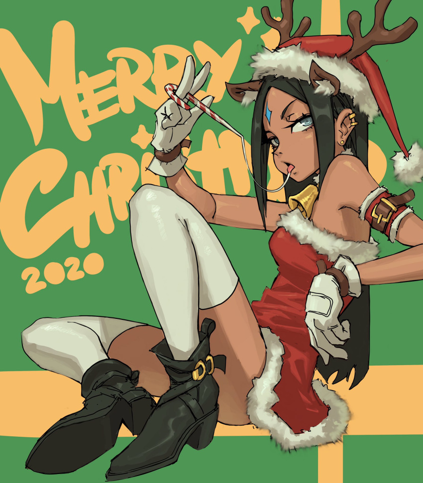 1girl animal_ear_fluff animal_ears antlers aqua_eyes arm_belt armband bangs bare_shoulders bell bell_collar black_footwear black_hair boots candy candy_cane character_request christmas collar commentary convenient_leg dark_skin dark-skinned_female dated dress ear_piercing earrings edpan english_commentary facial_mark fake_animal_ears food forehead_mark fur-trimmed_collar fur-trimmed_dress fur-trimmed_headwear fur_trim gloves green_background half-closed_eyes hat high_heel_boots high_heels highres jewelry long_hair looking_at_viewer merry_christmas original parted_bangs piercing reindeer_antlers saliva saliva_trail santa_hat short_dress sidelocks sitting solo strapless stud_earrings symbol_commentary thigh-highs tongue tongue_out v-shaped_eyebrows very_long_hair white_gloves white_legwear
