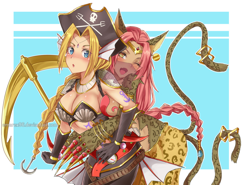 2girls :o ;d anchor anchor_hair_ornament animal_ears bastemon black_gloves black_headwear blonde_hair blue_background blue_eyes blush border braid breasts brown_eyes cat_ears cat_girl cat_tail cleavage commission commissioner_upload deviantart_username digimon digimon_xros_wars elbow_gloves emarex96 fang fins gloves hair_ornament hat head_fins highres large_breasts long_hair looking_at_viewer mermaid mermaimon monster_girl mouth_veil multiple_girls multiple_tails one_eye_closed open_mouth outside_border pink_hair pirate_hat single_braid skin_fang slit_pupils smile tail tail_ornament tattoo two_tails watermark web_address white_border