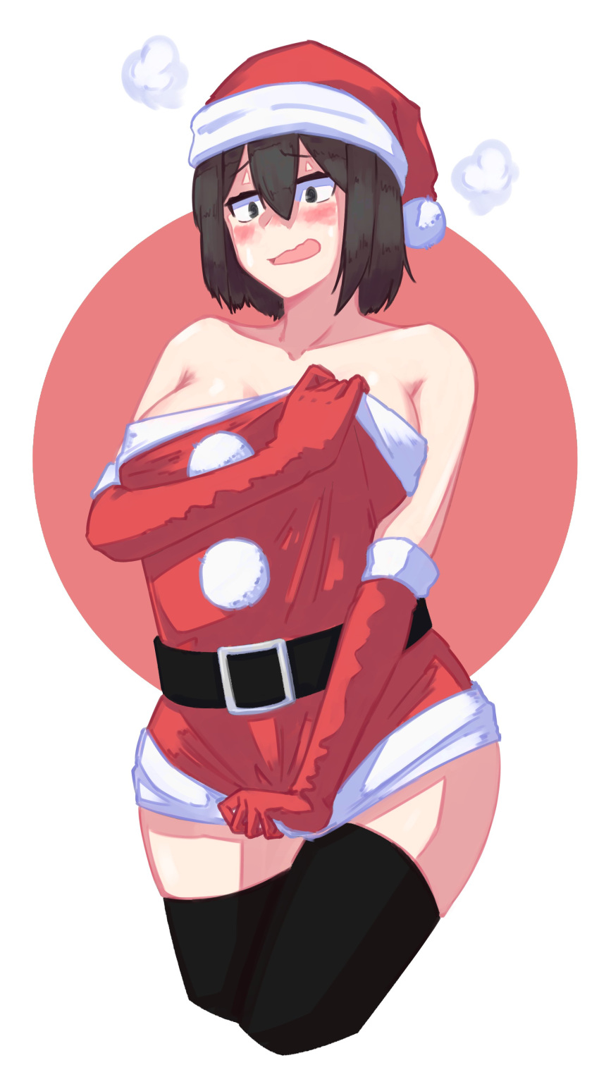 1girl absurdres akitsu_maru_(kantai_collection) bangs black_hair black_legwear blush breasts christmas cropped_legs dress elbow_gloves eyebrows_visible_through_hair gloves hair_between_eyes hat highres kantai_collection large_breasts loose_clothes mikei_222 open_mouth red_gloves santa_costume santa_hat short_hair simple_background solo strapless strapless_dress thigh-highs two-tone_background