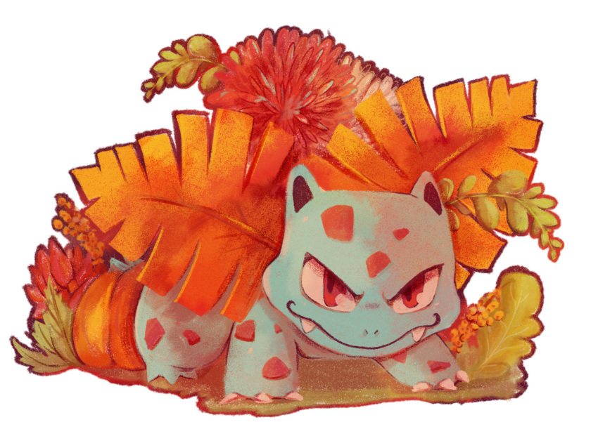 claws commentary creature english_commentary fangs full_body gen_1_pokemon highres ivysaur looking_at_viewer no_humans plumepox pokemon pokemon_(creature) pumpkin solo standing transparent_background