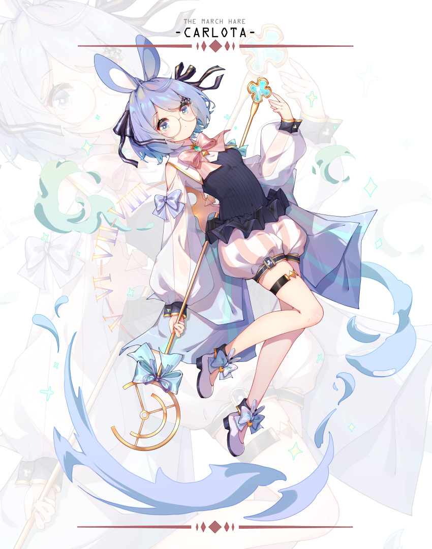 1girl absurdres ahoge akovo animal_ears blue_eyes blue_hair blue_shirt bow glasses hair_bow highres legs original rabbit_ears ribbon see-through shirt shoes short_hair shorts solo striped striped_shorts thigh_strap thighs white_footwear white_sleeves