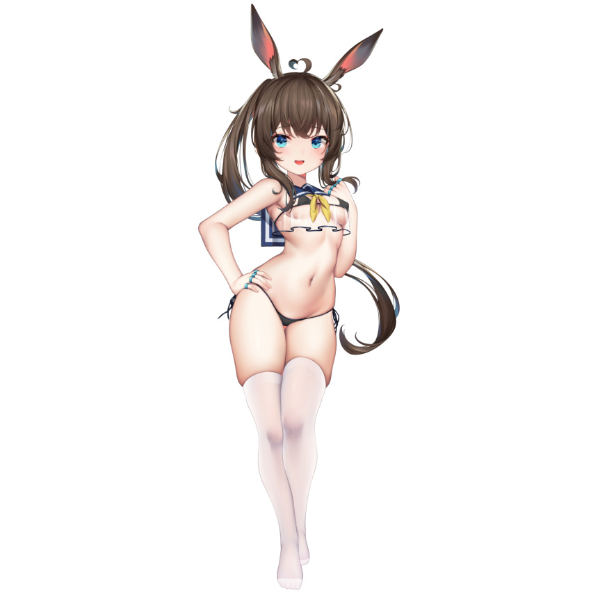 1girl ahoge amiya_(arknights) animal_ear_fluff animal_ears arknights bikini black_bikini blue_eyes breasts brown_hair chinese_commentary commentary_request full_body groin hand_on_hip hand_to_own_mouth highres kuroshiroemaki legs long_hair navel open_mouth ponytail rabbit_ears see-through shirt side-tie_bikini simple_background sleeveless sleeveless_shirt small_breasts smile solo swimsuit thigh-highs thigh_gap thighs white_background white_legwear