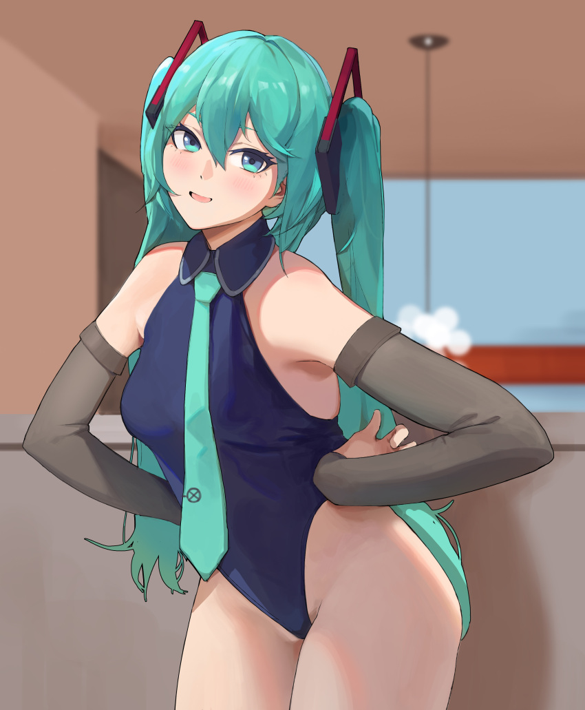 1girl absurdres bad_anatomy bad_proportions bare_shoulders blue_eyes blue_hair blue_leotard blue_necktie blurry blurry_background collared_leotard cowboy_shot detached_sleeves grey_sleeves hands_on_hips hatsune_miku highres indoors leotard long_hair looking_at_viewer necktie parted_lips rocher-hd smile solo symbol-only_commentary twintails very_long_hair vocaloid