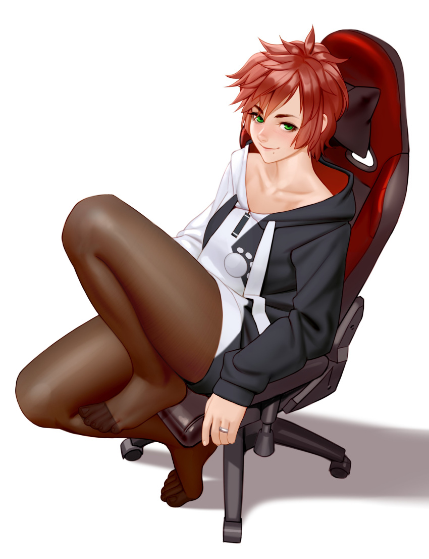 1girl absurdres blush chair collarbone commentary cosplay gaming_chair green_eyes highres hololive hood hoodie jewelry kairunoburogu legs looking_at_viewer mole mole_under_mouth ookami_mio ookami_mio_(cosplay) original pantyhose redhead ring sitting solo toes