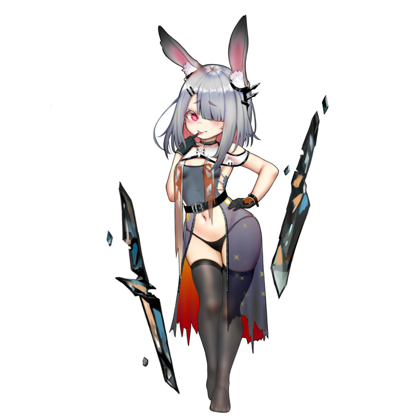 1girl animal_ear_fluff animal_ears arknights bikini black_bikini black_dress black_gloves black_legwear breasts chinese_commentary commentary_request dress finger_to_mouth frostnova_(arknights) full_body gloves groin hair_ornament hair_over_one_eye hairclip hand_on_hip hand_to_own_mouth highres kuroshiroemaki legs navel open_clothes open_dress rabbit_ears red_eyes see-through short_hair side-tie_bikini silver_hair simple_background sleeveless sleeveless_dress small_breasts smile solo swimsuit thigh-highs thigh_gap thighs tongue tongue_out white_background