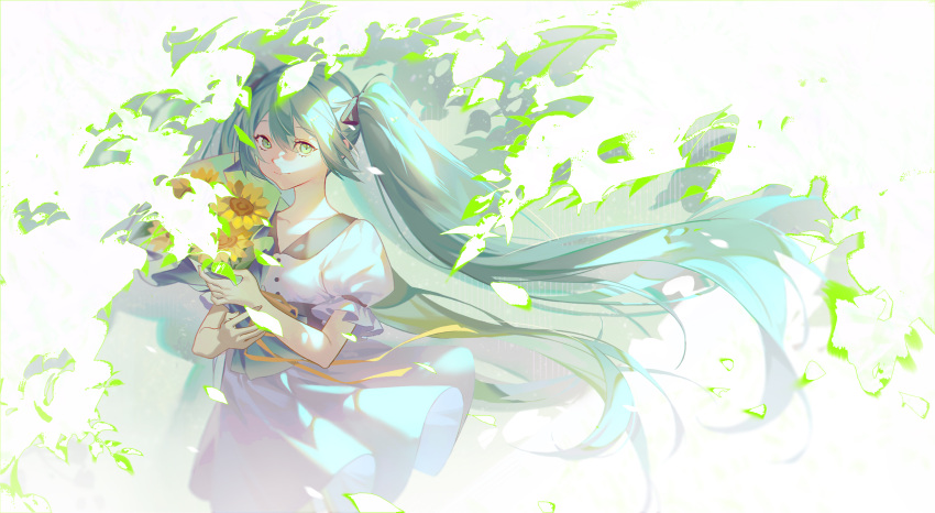 1girl alternate_costume bangs black_ribbon bouquet closed_mouth clothes_lift collarbone collared_dress dappled_sunlight day dress dress_lift eyelashes facing_viewer fingernails floating_hair flower frilled_sleeves frills green_eyes green_hair green_theme hair_between_eyes hair_ribbon hands_on_own_chest happy hatsune_miku highres holding holding_bouquet lan-ge-zi leaf light_smile long_hair looking_to_the_side puffy_short_sleeves puffy_sleeves ribbon shaded_face short_dress short_sleeves solo sunflower sunlight tareme twintails very_long_hair vocaloid white_dress wind wind_lift yellow_flower