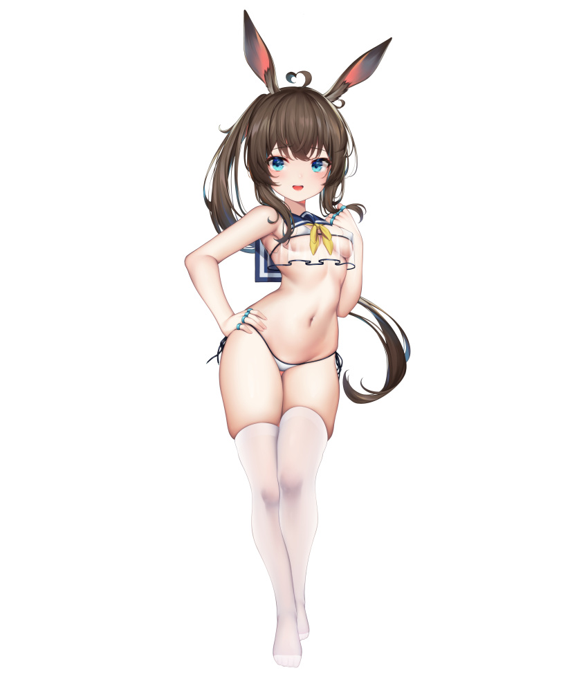 1girl absurdres ahoge amiya_(arknights) animal_ear_fluff animal_ears arknights bikini blue_eyes breasts brown_hair chinese_commentary commentary_request full_body groin hand_on_hip hand_to_own_mouth highres legs long_hair navel open_mouth ponytail rabbit_ears see-through shirt side-tie_bikini simple_background sleeveless sleeveless_shirt small_breasts smile solo swimsuit taitai thigh-highs thigh_gap thighs white_background white_bikini white_legwear