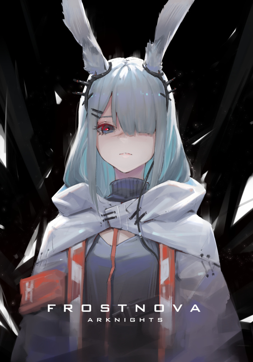 1girl animal_ears areaaaron arknights bangs black_background blue_hair blunt_bangs cape closed_mouth frostnova_(arknights) grey_eyes grey_hair hair_over_one_eye highres looking_at_viewer multicolored_hair one_eye_covered rabbit_ears red_pupils solo two-tone_hair upper_body white_cape