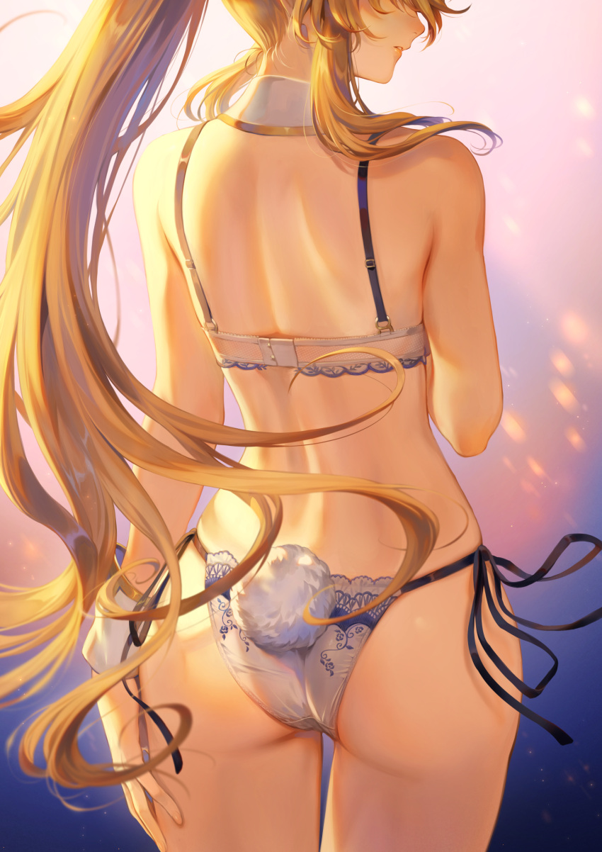 1girl artoria_pendragon_(all) artoria_pendragon_(swimsuit_ruler)_(fate) ass back bare_arms bare_back bare_shoulders blonde_hair bra bunny_tail detached_collar fake_tail fate/grand_order fate_(series) from_behind gradient gradient_background highres lace-trimmed_bra lace_trim mashuu_(neko_no_oyashiro) panties parted_lips purple_background side-tie_panties sidelocks solo tail thigh_gap underwear underwear_only white_bra white_panties wrist_cuffs