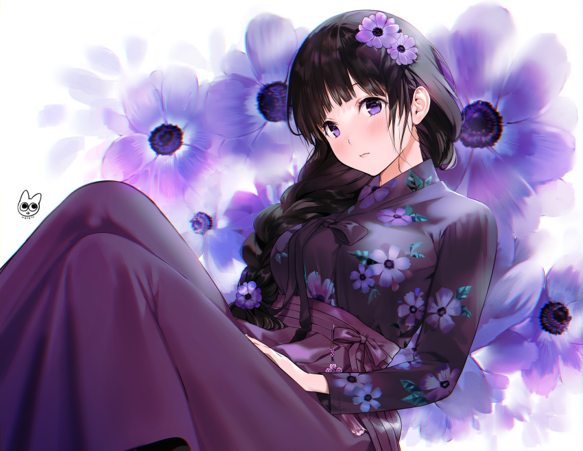 1girl alternate_costume bangs black_hair blunt_bangs blush braid breasts chitanda_eru closed_mouth clothing_request commentary_request expressionless eyebrows_behind_hair floral_print flower hair_ornament hair_over_shoulder hand_on_own_thigh highres hyouka japanese_clothes kimono knees_up large_breasts light_blush long_hair long_skirt long_sleeves looking_at_viewer medium_breasts mery_(yangmalgage) purple_flower purple_skirt shirt_tucked_in single_braid sitting skirt solo violet_eyes