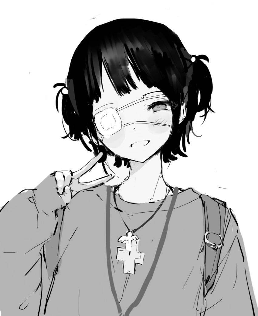 1girl cross cross_necklace eyepatch grey_shirt greyscale highres jewelry light_blush long_sleeves monochrome naizotan necklace one_eye_covered original shirt short_hair sketch smile solo strap two_side_up v