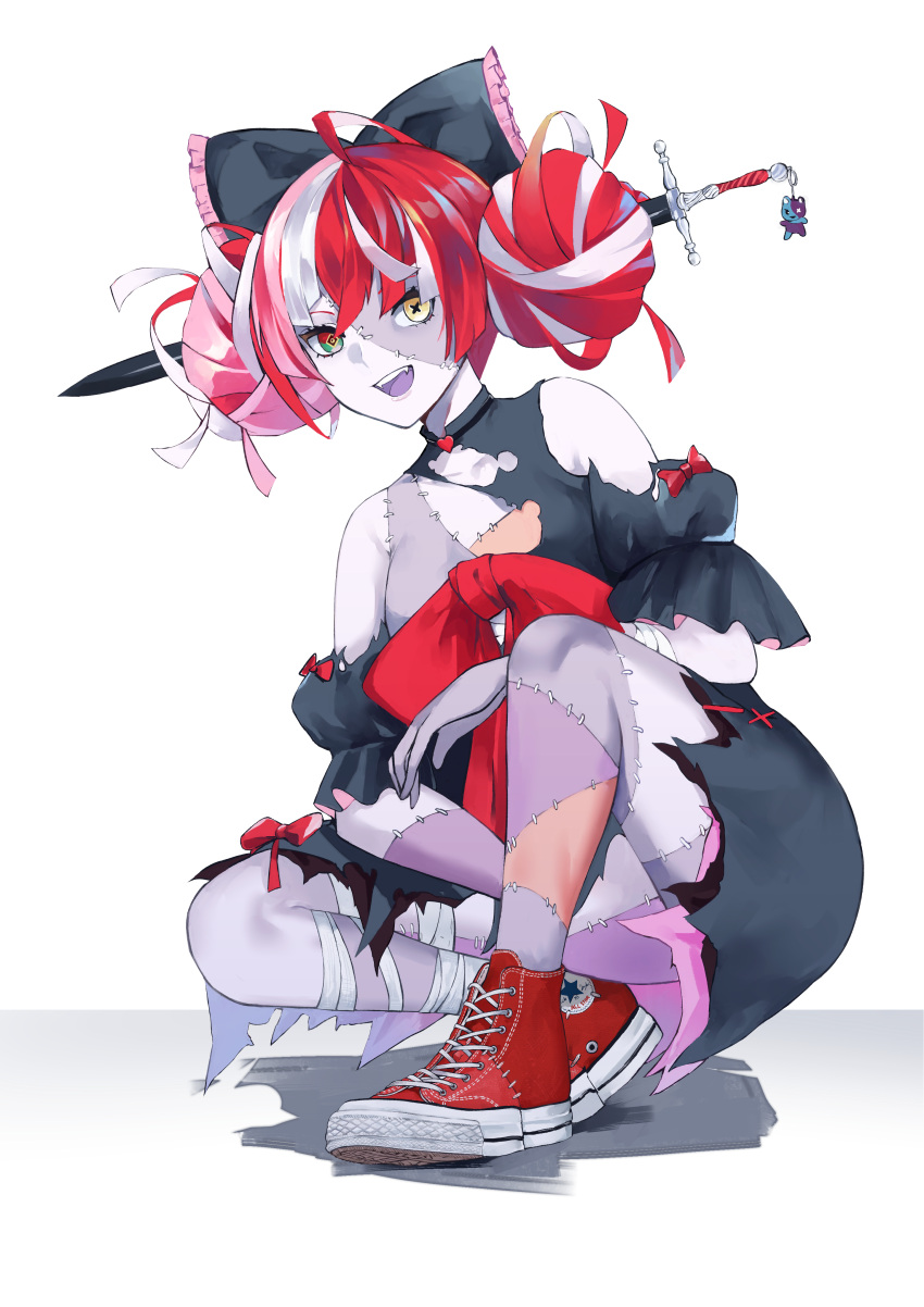 1girl absurdres alternate_footwear bandages black_dress bow converse dress hair_bow high_tops highres hololive hololive_indonesia kureiji_ollie looking_at_viewer rd_(ardeee) red_footwear shoes smile sneakers solo stitches sword torn_clothes torn_dress weapon white_background zombie