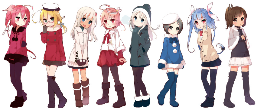 6+girls :&gt; :3 adjusting_hair ahoge alternate_costume ankle_boots arm_at_side arms_at_sides arms_behind_back bangs beanie black_coat black_footwear black_gloves black_hair black_headwear black_legwear black_ribbon black_skirt black_sweater blonde_hair blue_bow blue_dress blue_eyes blue_footwear blue_hair blue_neckwear blue_skirt blunt_bangs blush bobblehat boots bow bowtie brown_eyes brown_footwear brown_hair brown_jacket brown_mittens brown_skirt capelet casual closed_mouth coat double-breasted dress eyebrows_visible_through_hair flower full_body fur-trimmed_boots fur-trimmed_capelet fur-trimmed_dress fur-trimmed_sleeves fur_collar fur_hat fur_trim glasses gloves green_eyes hair_flower hair_ornament hair_ribbon hand_in_hair hand_on_own_arm hand_up hands_in_pockets hat head_tilt highres i-168_(kantai_collection) i-19_(kantai_collection) i-401_(kantai_collection) i-58_(kantai_collection) i-8_(kantai_collection) jacket kantai_collection knee_boots legs_apart legwear_under_shorts long_hair long_sleeves looking_at_viewer maru-yu_(kantai_collection) miniskirt mittens multiple_girls own_hands_together pantyhose peaked_cap petticoat pink_hair pink_ribbon pom_pom_(clothes) ponytail purple_legwear red-framed_eyewear red_bow red_coat red_dress red_eyes red_neckwear red_shorts redhead ribbon ro-500_(kantai_collection) short_hair shorts sideways_hat silver_hair simple_background skirt smile starfish_hair_ornament striped striped_bow striped_neckwear sweater swept_bangs tareme thigh-highs thigh_boots twintails u-511_(kantai_collection) v-shaped_eyebrows v_arms white_background white_coat white_headwear white_skirt winter_clothes winter_coat yoru_nai zettai_ryouiki