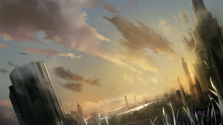 building cityscape clouds cloudy_sky commentary dutch_angle enka_(aknne) grass no_humans river sky skyscraper sunset vocaloid