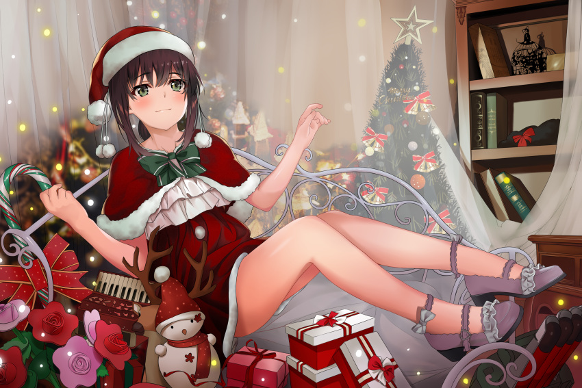 1girl alternate_costume ariel_(user_kear2553) black_hair candy candy_cane capelet chinese_commentary christmas_tree commentary_request curtains dress food fubuki_(kantai_collection) fur-trimmed_capelet fur-trimmed_dress fur-trimmed_headwear fur_trim gift green_eyes hat highres instrument kantai_collection keyboard_(instrument) long_hair low_ponytail ponytail red_capelet red_dress santa_hat shelf short_ponytail sidelocks sitting smile snowman solo