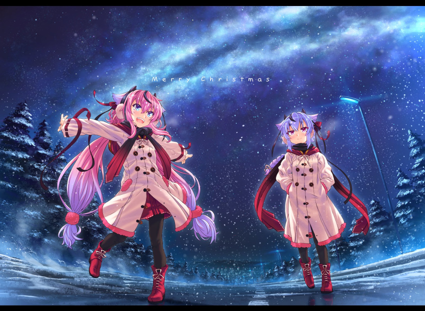 2others blue_eyes blue_hair boots braid christmas coat commentary cross-laced_footwear earmuffs etogami_kazuya gradient_hair hair_flaps hair_ornament hair_scrunchie hands_in_pockets highres horns lace-up_boots lamppost long_hair meika_hime meika_mikoto merry_christmas miniskirt multicolored_hair multiple_others night night_sky open_mouth outstretched_arms pantyhose pine_tree pink_eyes pink_hair red_footwear red_scarf red_skirt reflection ribbon road scarf scenery scrunchie skirt sky smile snowing star_(sky) starry_sky tree twintails very_long_hair vocaloid white_coat wide_shot winter