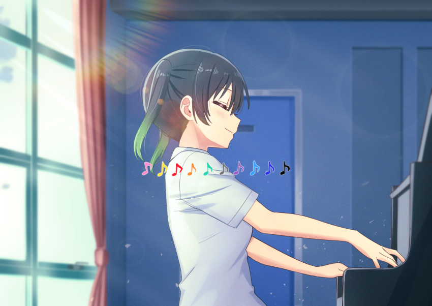 1girl bangs black_hair blush breasts closed_eyes closed_mouth commentary_request curtains deadnooodles door from_side gradient_hair green_hair grey_shirt indoors instrument love_live! love_live!_school_idol_festival_all_stars medium_breasts medium_hair multicolored_hair music musical_note nijigasaki_academy_uniform piano playing_instrument playing_piano shirt short_sleeves smile solo takasaki_yuu twintails window