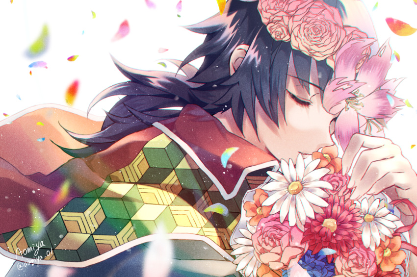 1boy aomiya artist_name bangs black_hair black_jacket bouquet closed_eyes closed_mouth commentary_request falling_petals flower haori head_wreath highres jacket japanese_clothes kimetsu_no_yaiba long_hair male_focus petals pink_flower ponytail red_flower simple_background solo tomioka_giyuu twitter_username upper_body white_background white_flower