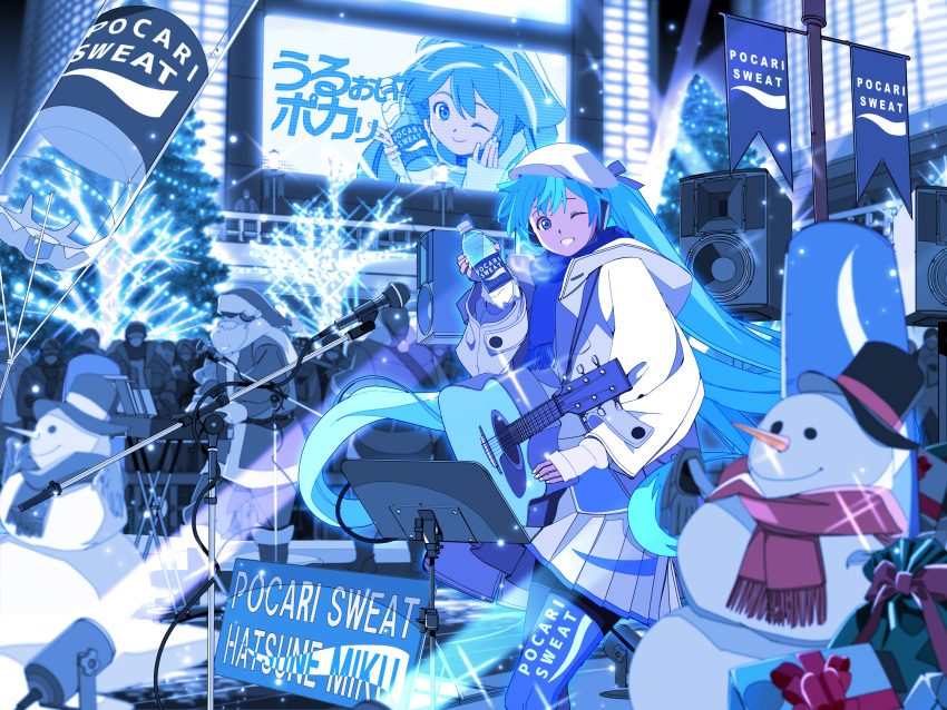 acoustic_guitar aqua_eyes aqua_hair audience billboard blue_legwear blue_scarf blue_theme bottle box carrot character_name christmas_tree city coat commentary edoya_inuhachi flag gift gift_box guitar hat hatsune_miku highres holding holding_bottle instrument keyboard_(instrument) long_hair looking_at_viewer microphone microphone_stand music_stand night pleated_skirt pocari_sweat product_placement santa_claus scarf scenery skirt smile snowman speaker spotlight sunglasses top_hat twintails urban very_long_hair vocaloid white_coat white_skirt winter