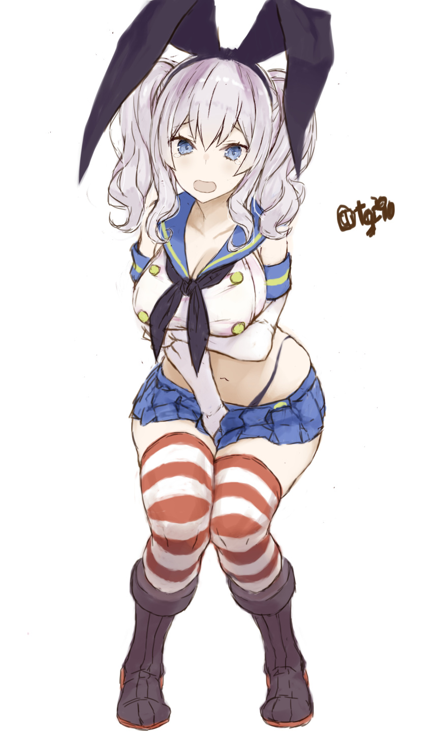 1girl absurdres black_hairband black_neckwear black_panties blue_eyes blue_sailor_collar blue_skirt breasts cosplay crop_top elbow_gloves embarrassed full_body gloves hairband highleg highleg_panties highres kantai_collection kashima_(kantai_collection) large_breasts long_hair microskirt miniskirt navel neckerchief panties pleated_skirt ryo_(tg290) sailor_collar shimakaze_(kantai_collection) shimakaze_(kantai_collection)_(cosplay) sidelocks silver_hair simple_background skirt solo standing striped striped_legwear thigh-highs twintails twitter_username underwear wavy_hair white_background white_gloves