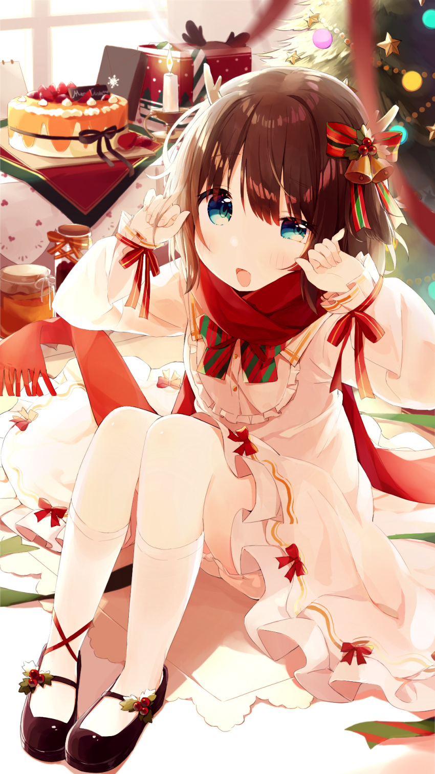 1girl blue_eyes blush brown_hair cake christmas_tree commentary dress food gift hair_ornament harrybeace highres indie_virtual_youtuber kano_(singer) looking_at_viewer school_uniform sitting solo virtual_youtuber window