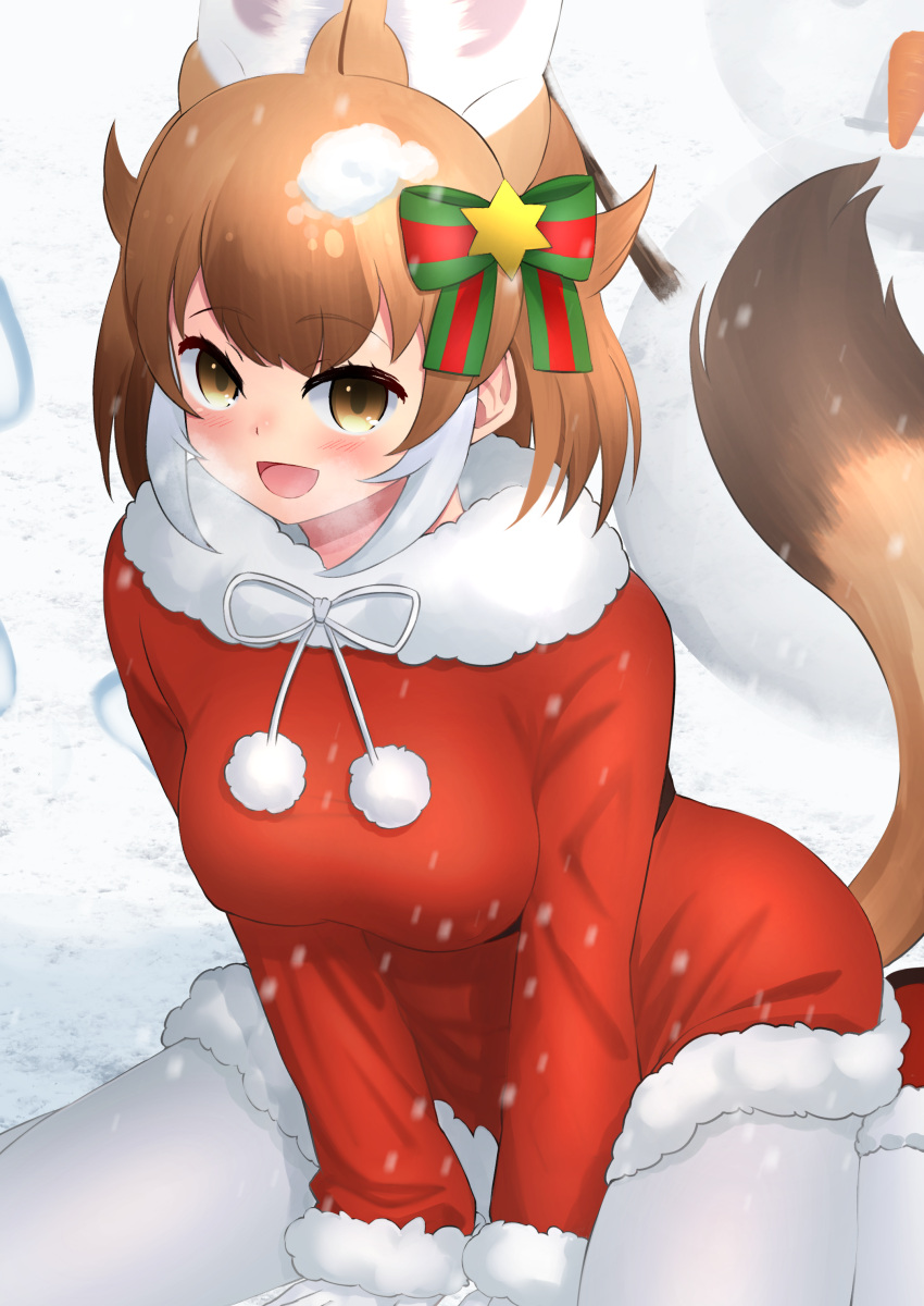 1girl :d absurdres alternate_costume animal_ear_fluff animal_ears bangs between_legs blush breath brown_eyes brown_hair coat deku_suke dhole_(kemono_friends) dog_ears dog_girl dog_tail extra_ears eyebrows_visible_through_hair fur-trimmed_coat fur-trimmed_sleeves fur_collar fur_trim gloves hand_between_legs highres kemono_friends long_sleeves looking_at_viewer open_mouth pantyhose pom_pom_(clothes) red_coat santa_costume short_hair sitting smile snow snowing solo tail white_gloves white_legwear