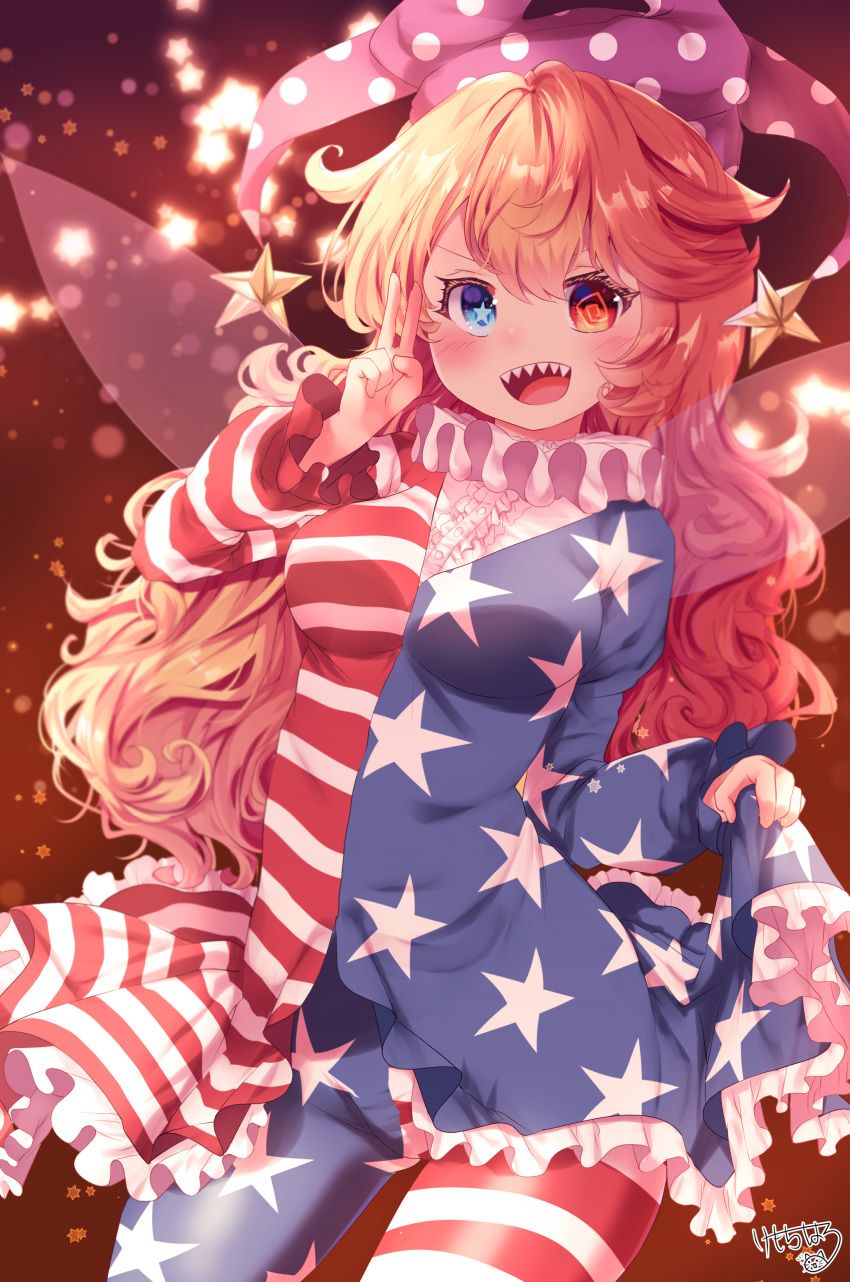 1girl absurdres american_flag_dress american_flag_legwear blonde_hair blue_eyes breasts clownpiece cowboy_shot fairy_wings hat heterochromia highres jester_cap kemo_chiharu long_hair looking_at_viewer medium_breasts neck_ruff pantyhose polka_dot purple_headwear red_background red_eyes sharp_teeth signature smile solo star-shaped_pupils star_(symbol) striped symbol-shaped_pupils teeth touhou transparent_wings v very_long_hair wings