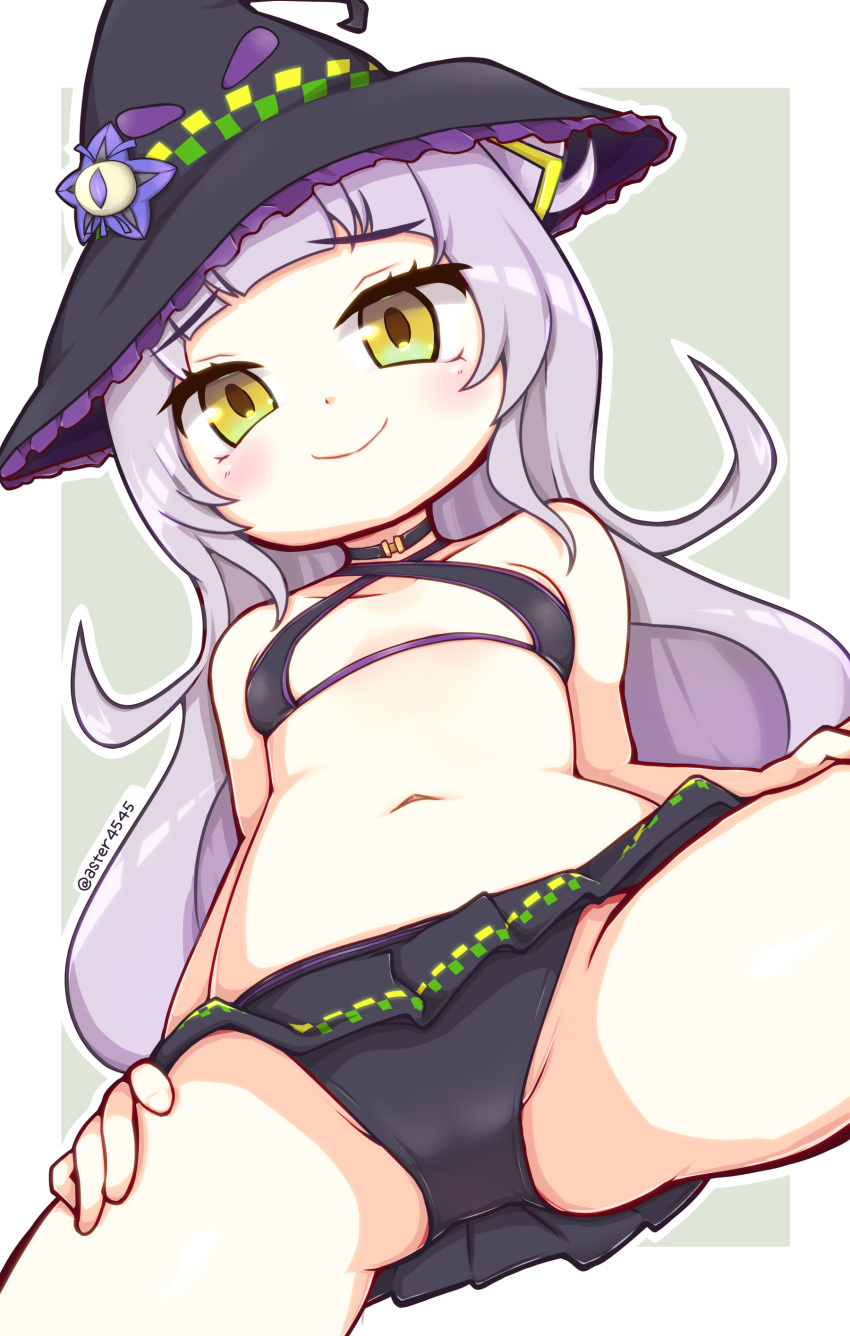 1girl absurdres bare_arms bare_shoulders bikini bikini_skirt black_bikini black_choker black_headwear blush breasts choker closed_mouth collarbone eyebrows_visible_through_hair furrowed_eyebrows green_eyes hands_on_own_thighs hat hat_ornament highres hololive long_hair murasaki_shion navel outline side_bun silver_hair small_breasts smile solo swimsuit tenkasu_(aster4545) thighs twitter_username very_long_hair virtual_youtuber white_outline witch_hat