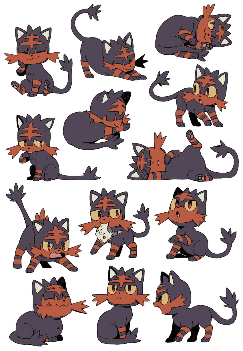 :o bluekomadori brown_eyes closed_eyes closed_mouth commentary english_commentary fang gen_7_pokemon highres litten looking_up mouth_hold no_humans one_eye_closed open_mouth paws pokemon pokemon_(creature) sitting smile stretch togedemaru tongue yellow_sclera