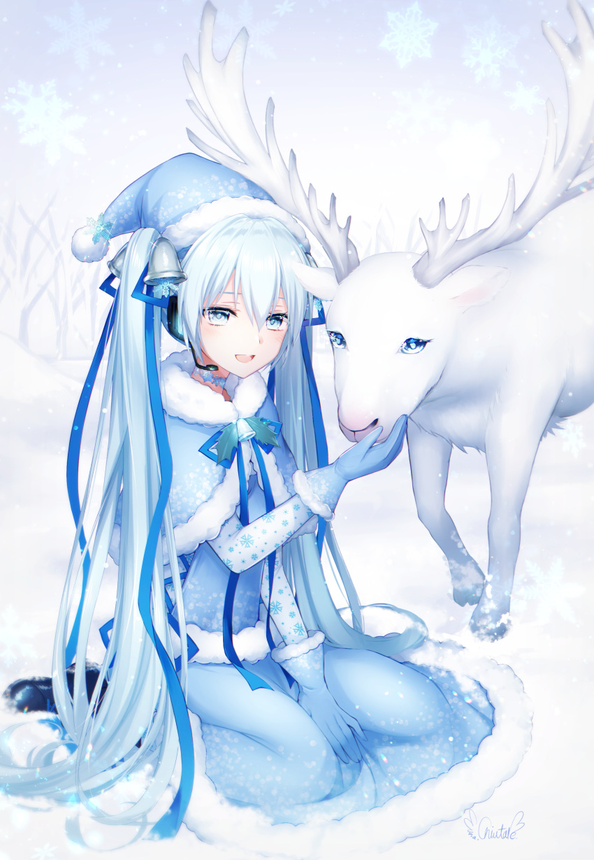 1girl absurdres antlers bell blue_capelet blue_dress blue_gloves blue_headwear blue_santa_costume capelet chiutake_mina christmas commentary dress full_body fur-trimmed_capelet fur-trimmed_dress fur-trimmed_gloves fur-trimmed_headwear fur_trim gloves hair_bell hair_ornament hand_on_another's_mouth hat hatsune_miku headphones headset highres holly light_blue_eyes light_blue_hair long_hair looking_at_viewer neck_bell open_mouth outdoors reindeer reindeer_antlers santa_costume santa_dress santa_hat signature sitting smile snow snowflake_ornament snowflake_print snowing tree twintails very_long_hair vocaloid wariza winter