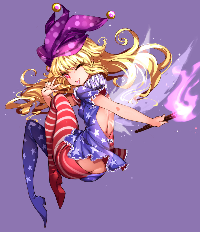 1girl ;p american_flag_dress american_flag_legwear back_cutout blonde_hair butt_crack clothing_cutout clownpiece dress eyelashes fairy_wings fire floating_hair full_body hat highres jester_cap long_hair looking_at_viewer neck_ruff one_eye_closed pantyhose pink_eyes polka_dot purple_background purple_headwear raptor7 short_dress short_sleeves simple_background smile solo star_(symbol) striped tongue tongue_out torch touhou transparent_wings v wings