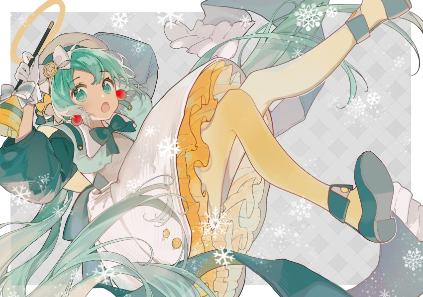 1girl absurdres aqua_eyes aqua_hair aqua_neckwear bell beret bow bowtie commentary dress earrings english_commentary falling frilled_dress frills gloves halo hat hatsune_miku highres holding holding_bell jewelry kakami_(pixiv7616827) layered_dress long_hair looking_at_viewer mary_janes open_mouth shoes snowflakes solo twintails very_long_hair vocaloid white_dress white_gloves white_headwear yellow_legwear