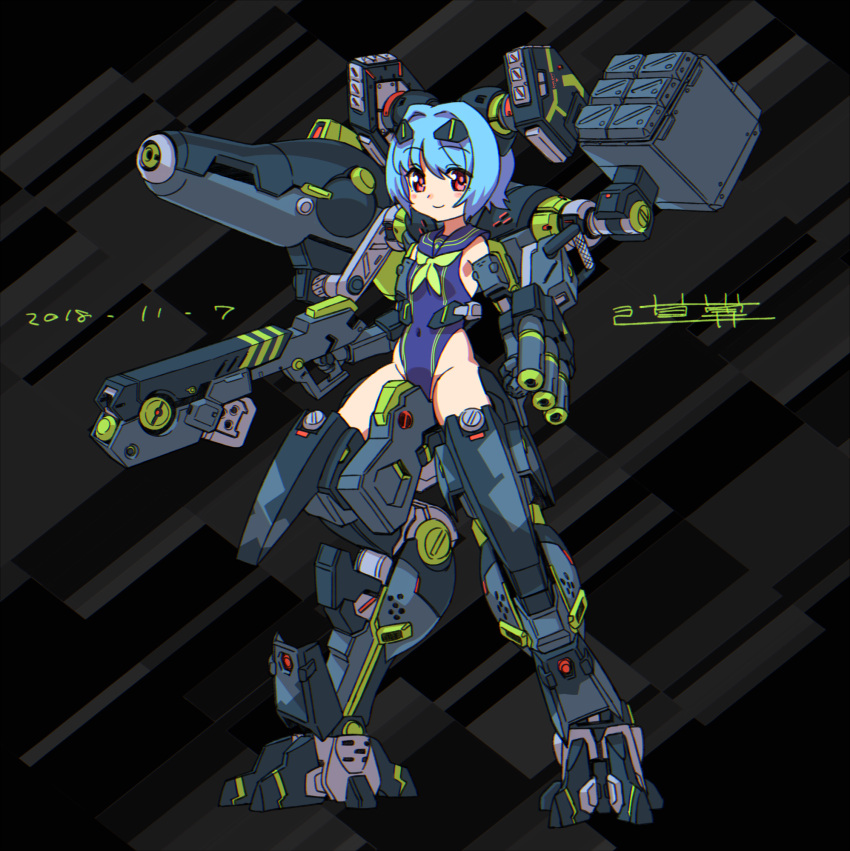 1girl arm_cannon armored_core bangs blue_hair breasts clenched_hand covered_navel dated eyebrows_visible_through_hair gun highres holding holding_gun holding_weapon mecha_musume mecha_request michi_kuso missile_pod personification sailor_collar shoulder_cannon skin_tight small_breasts smile solo weapon