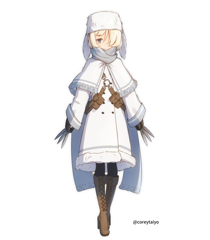 1girl animal_ears animal_hat black_gloves black_legwear blonde_hair boots brown_footwear capelet closed_mouth coat coreytaiyo cross-laced_footwear fake_animal_ears frilled_capelet frills full_body fur-trimmed_coat fur_hat fur_trim gloves grey_eyes hair_over_one_eye hat highres holding holding_knife knee_boots knife lace-up_boots long_sleeves looking_at_viewer original pantyhose simple_background sleeves_past_wrists solo standing twitter_username white_background white_capelet white_coat white_headwear