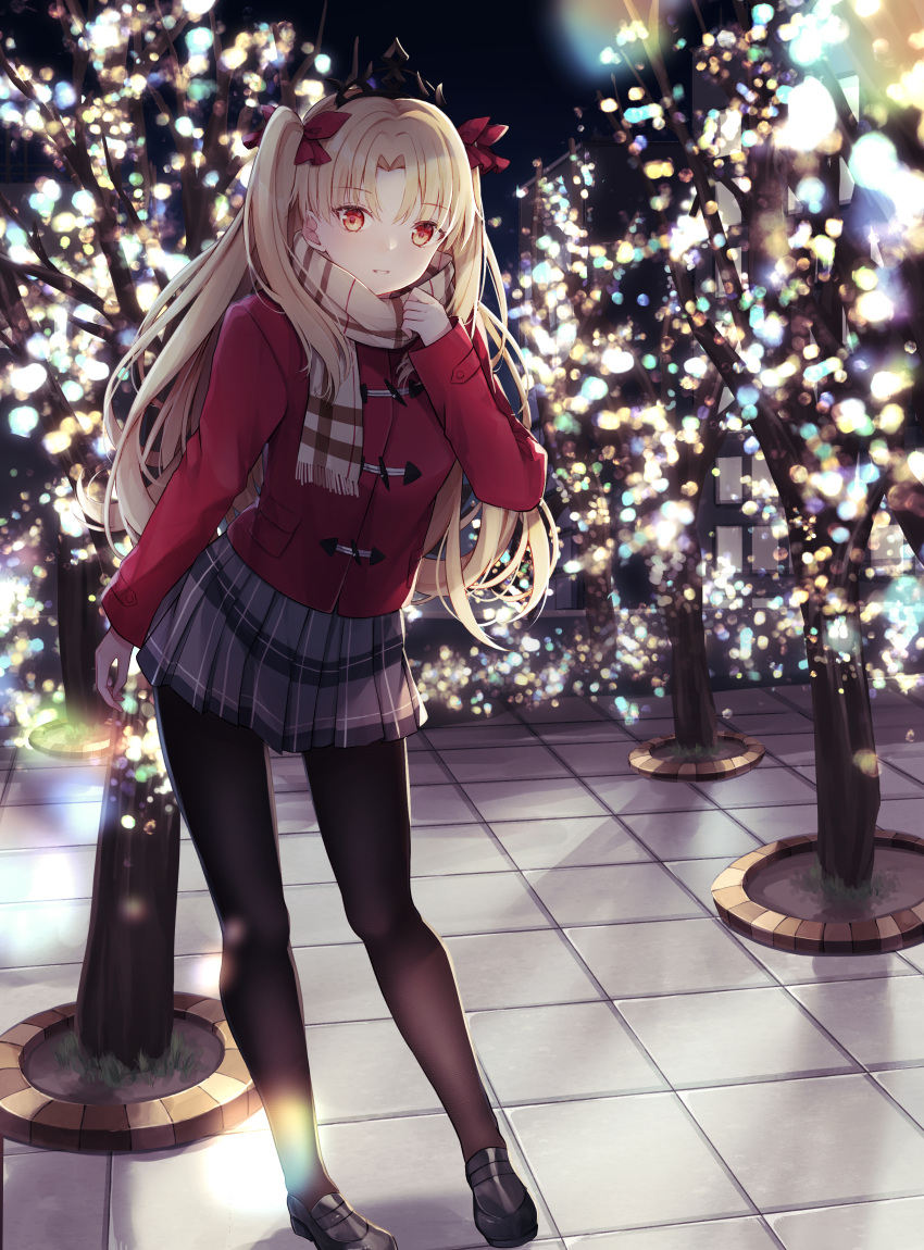 1girl absurdres alternate_costume bangs black_headwear black_legwear blonde_hair bow casual christmas_lights coat commentary_request duffel_coat ereshkigal_(fate/grand_order) eyebrows_visible_through_hair fate/grand_order fate_(series) hair_bow highres huge_filesize long_hair long_sleeves looking_at_viewer miniskirt night outdoors pantyhose parted_bangs parted_lips red_bow red_coat red_eyes scarf skirt smile solo teeth tiara tree two_side_up yua_(bokubo0806)