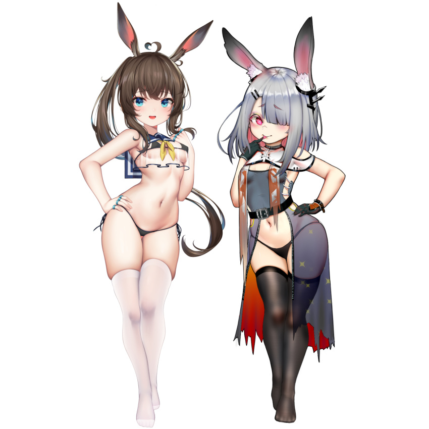 2girls ahoge amiya_(arknights) animal_ear_fluff animal_ears arknights bikini black_bikini black_dress black_gloves black_legwear blue_eyes breasts brown_hair chinese_commentary commentary_request dress finger_to_mouth frostnova_(arknights) full_body gloves groin hair_ornament hair_over_one_eye hairclip hand_on_hip hand_to_own_mouth highres kuroshiroemaki legs long_hair multiple_girls navel open_clothes open_dress open_mouth ponytail rabbit_ears red_eyes see-through shirt short_hair side-tie_bikini silver_hair simple_background sleeveless sleeveless_dress sleeveless_shirt small_breasts smile swimsuit thigh-highs thigh_gap thighs tongue tongue_out white_background white_legwear