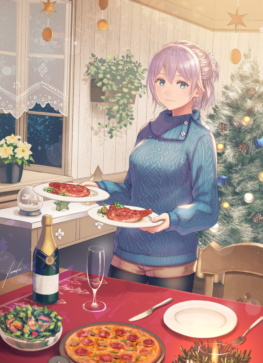 1girl alcohol anbe_yoshirou aqua_eyes black_legwear bottle cable_knit champagne champagne_flute christmas christmas_tree cup drinking_glass flower food highres holding holding_plate indoors knife legwear_under_shorts looking_at_viewer meat medium_hair original pantyhose pizza pizza_cutter plant plate potted_plant salad short_shorts shorts silver_hair snow_globe solo sweater table window