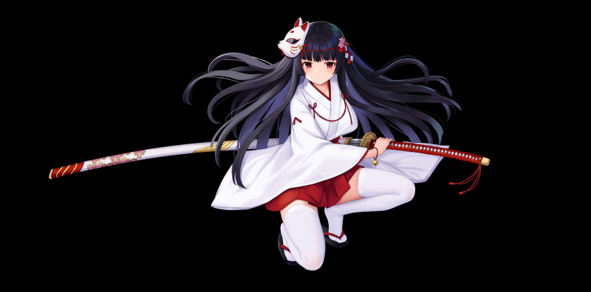 1girl absurdres allenes black_background black_hair clog_sandals feet fox_mask full_body hakama highres holding holding_sword holding_weapon japanese_clothes katana kimono long_hair long_sword looking_at_viewer mask mask_on_head miko ootachi original red_eyes red_hakama shoes simple_background skirt sword tabi thigh-highs weapon white_kimono white_legwear wide_sleeves