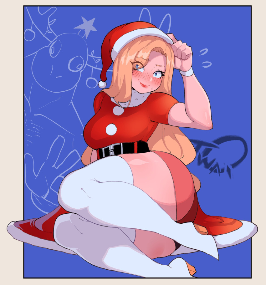 1girl animal_costume animal_head belt belt_buckle blonde_hair blue_eyes blush boots breasts buckle calgary_callie embarrassed eyebrows_visible_through_hair eyeliner hat high_heel_boots high_heels highres lipstick long_hair looking_at_viewer makeup nyantcha original ornament santa_costume santa_hat smile solo thick_thighs thigh-highs thighs v wristband