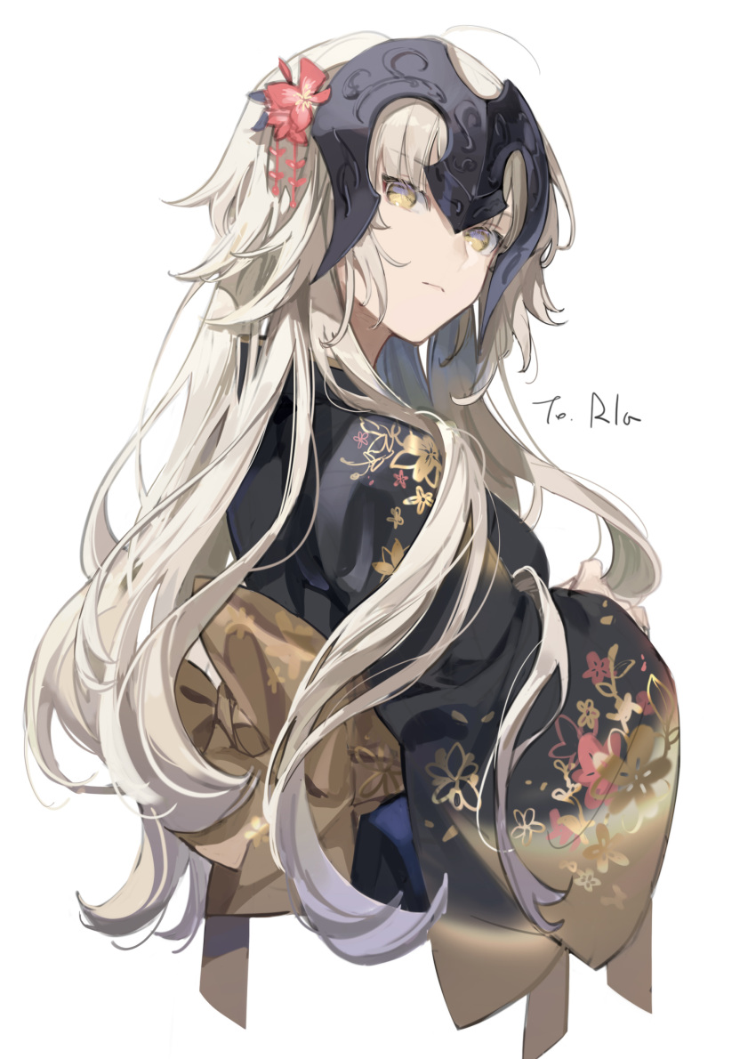 1girl absurdres alternate_costume chyoel commentary_request expressionless fate/grand_order fate_(series) flower from_side grey_hair hair_flower hair_ornament headpiece highres japanese_clothes jeanne_d'arc_(alter)_(fate) jeanne_d'arc_(fate)_(all) kimono long_hair looking_at_viewer solo white_background yellow_eyes
