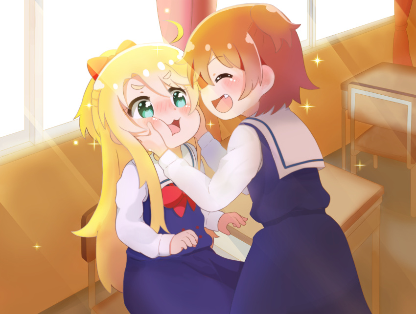 2girls :3 :d ^_^ ahoge bangs blonde_hair blue_dress blush bow brown_hair chair cheek_squash classroom closed_eyes commentary_request curtains day desk dress eyebrows_visible_through_hair facing_another fang green_eyes hair_bow hands_on_another's_cheeks hands_on_another's_face happy highres himesaka_noa hoshino_hinata indoors light_rays long_hair long_sleeves looking_at_another mitsukiro multiple_girls on_chair open_mouth ponytail red_bow sailor_collar sailor_dress school school_chair school_desk shirt short_hair sitting smile sparkle standing sunbeam sunlight thick_eyebrows very_long_hair watashi_ni_tenshi_ga_maiorita! white_sailor_collar white_shirt window