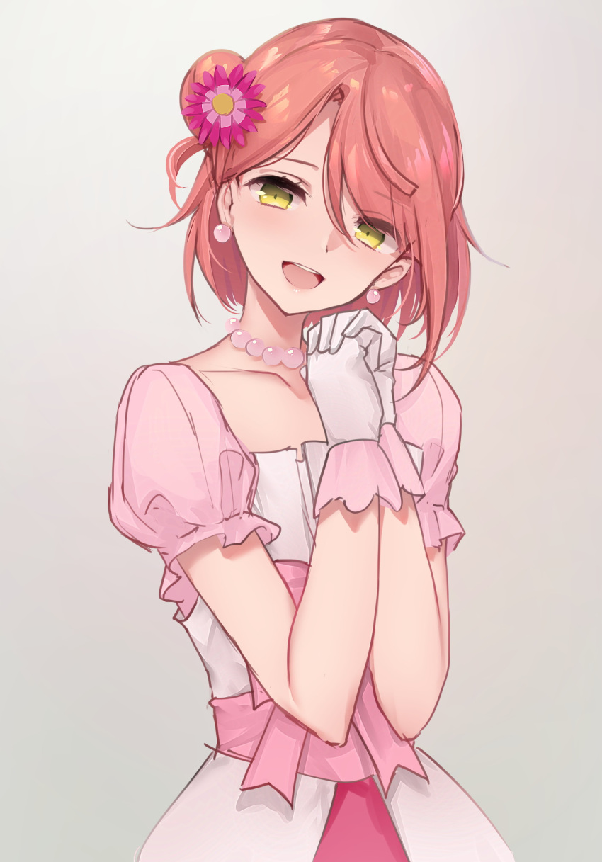 1girl :d absurdres bangs blush brown_hair commentary_request dress earrings eyebrows_visible_through_hair flower gloves grey_background hair_between_eyes hair_bun hair_flower hair_ornament hands_clasped hands_up head_tilt highres interlocked_fingers jewelry love_live! love_live!_nijigasaki_high_school_idol_club one_side_up open_mouth osisio own_hands_together puffy_short_sleeves puffy_sleeves purple_flower short_sleeves side_bun smile solo uehara_ayumu white_dress white_gloves yellow_eyes