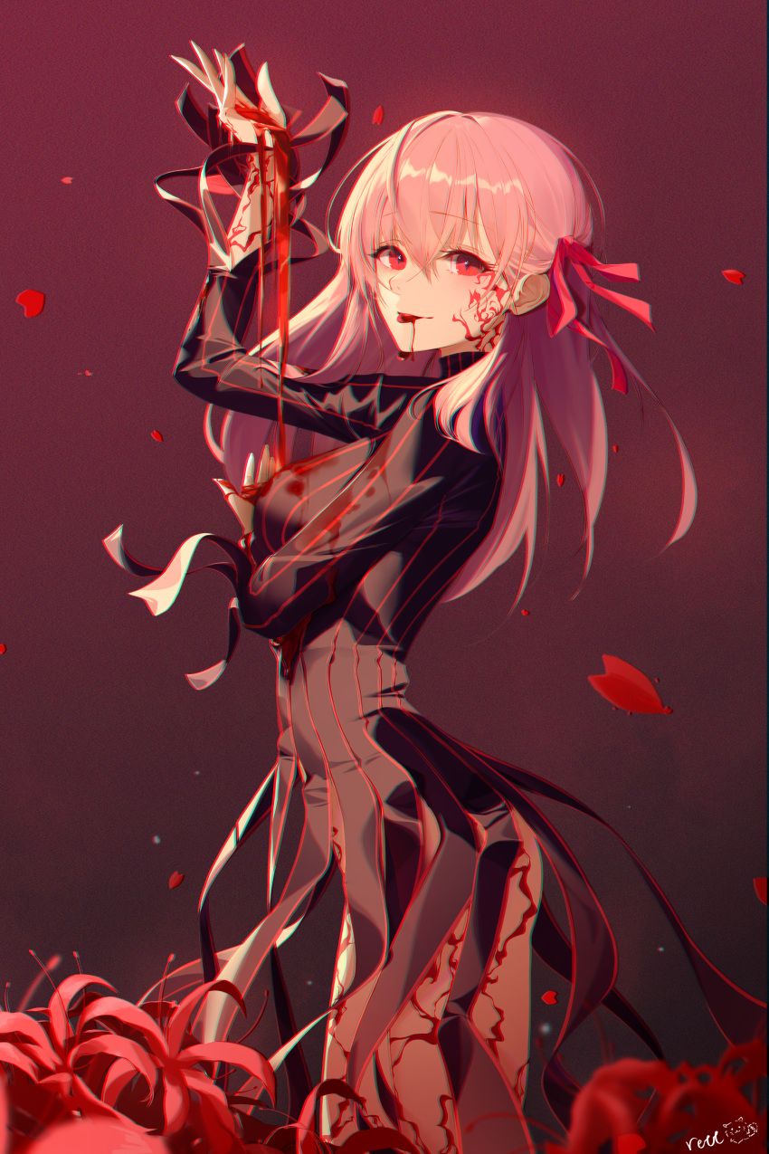 1girl absurdres arched_back arm_up bangs blood blood_from_mouth bloody_clothes bloody_hands breasts commentary_request dark_persona dark_sakura dress fate/stay_night fate_(series) floating_hair flower from_side hair_ribbon heaven's_feel highres huge_filesize ildanbaggobwa long_hair long_sleeves looking_at_viewer matou_sakura open_mouth petals red_eyes red_flower red_ribbon ribbon smile solo spider_lily standing